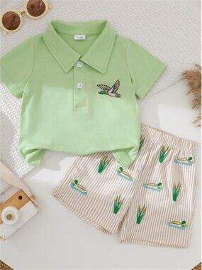 Children's Embroidered Polo Shirt & Striped Shorts Set